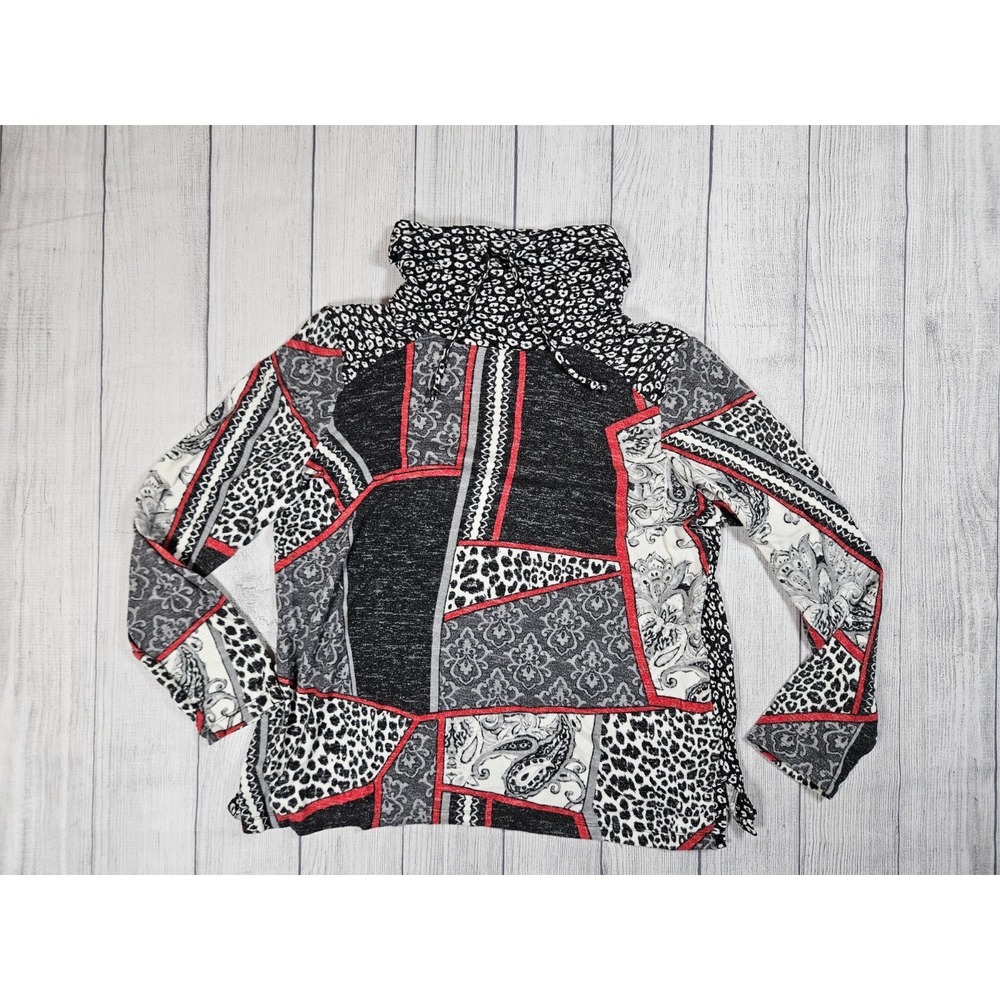 Weekends by Chico's Top Women's Large Black Gray Red Patchwork Cowl Neck